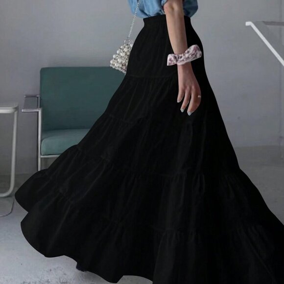 Black Casual Women's Solid Color A-Line Loose Skirt - Picture 1 of 7